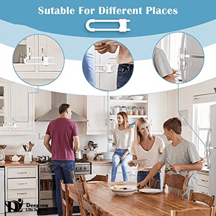 Safety locks for kids Protection of drawers, cabinets, cupboards with u shaped baby lock.