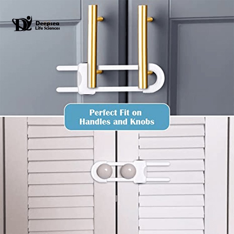Safety locks for kids Protection of drawers, cabinets, cupboards with u shaped baby lock.